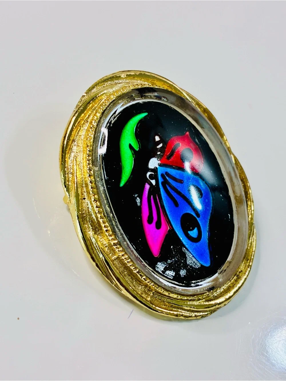 Colorful Butterfly Pendant Brooch in Gold-Tone Frame Unusual Eclectic EUC